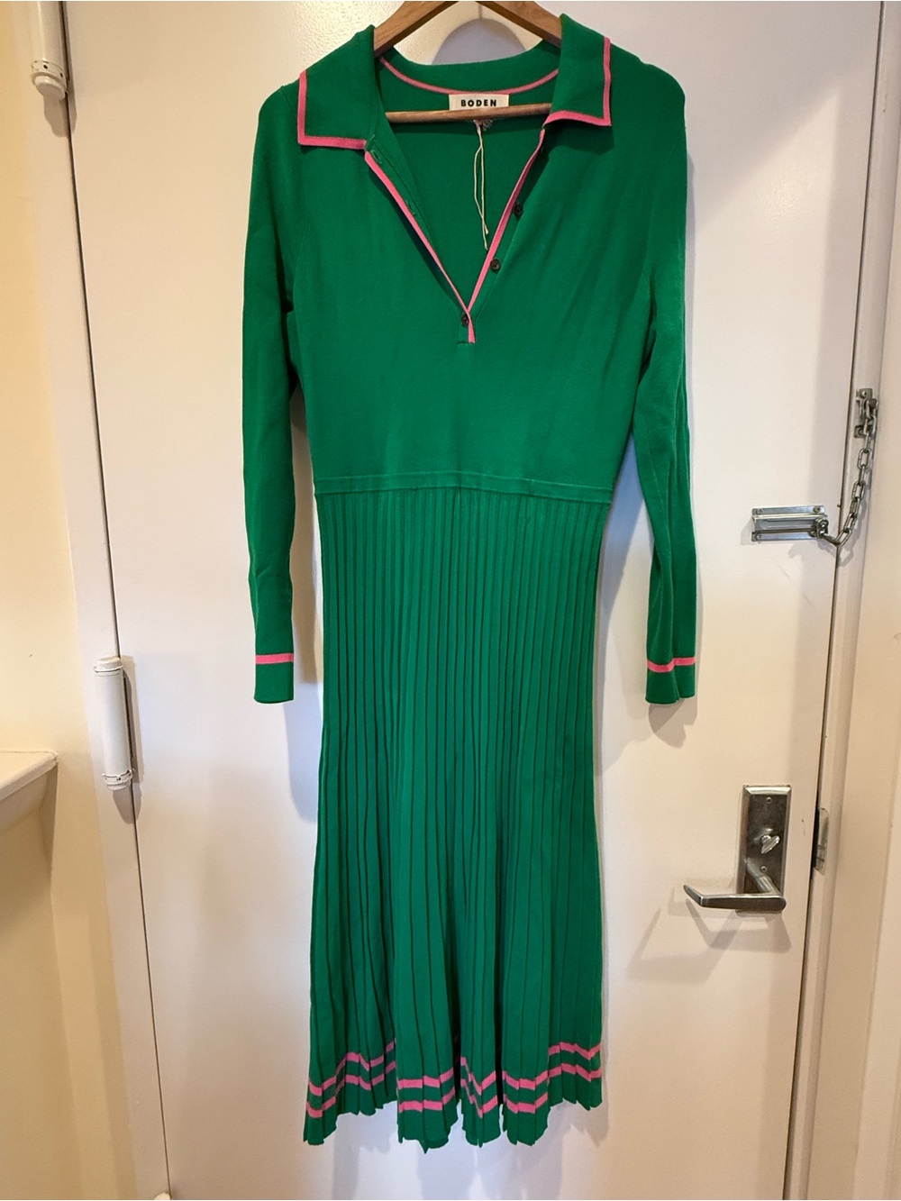 Boden Green Long-Sleeve Pleated Polo Dress with Pink Trim